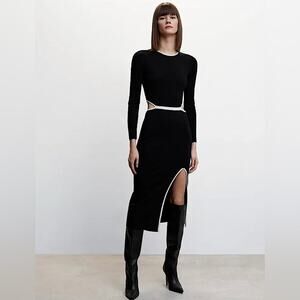 Mango Knit Dress with Openings Cut-Out Long Sleeves Side Slit Black White Size 8